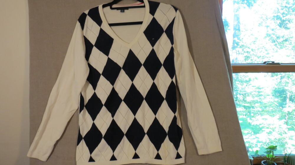 Tommy Hilfiger Womens Argyle Sweater 100% Cotton Harlequin Cream Navy XL
